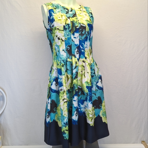 Vince Camuto Dresses & Skirts - Vince Camuto Pleated Sleeveless Floral Mini Dress Green and Blue Roses